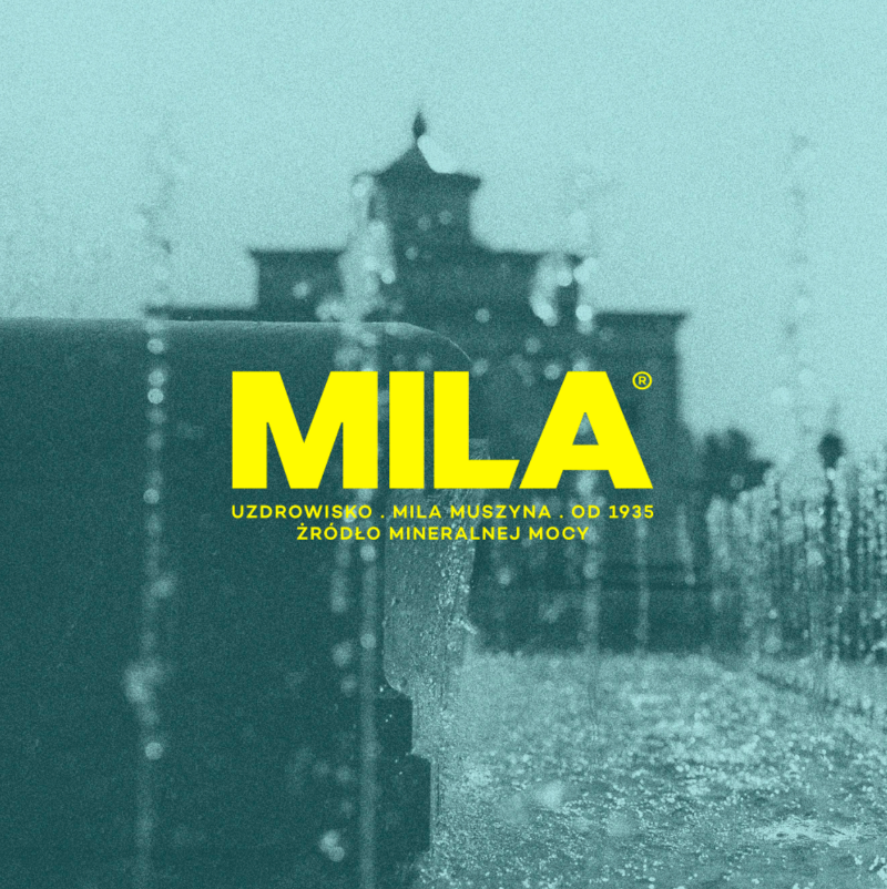 logo Mila Muszyna z uzdrowiskiem w tle